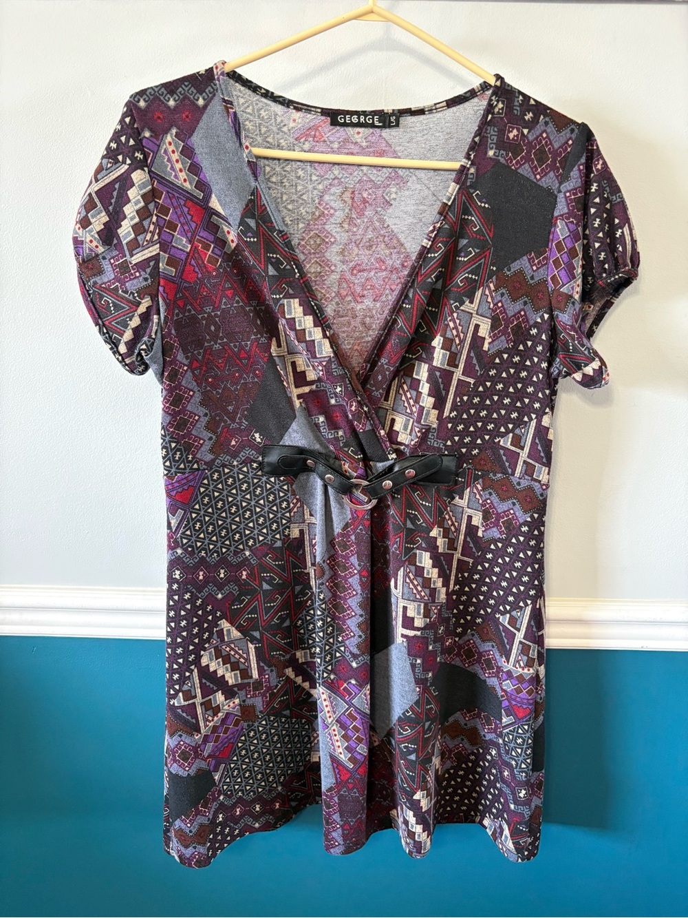 Y2K Purple Geometric Wrap-Front Short Sleeve Tunic
